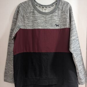 PINK Victoria's Secret Women's Gray, Burgundy, and Black Crewneck Sweater